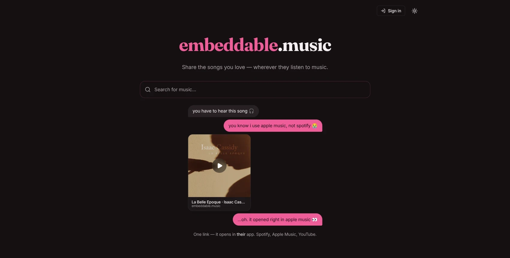 embeddable.music — a shared song link unfurling in a chat and opening in the recipient's own music app