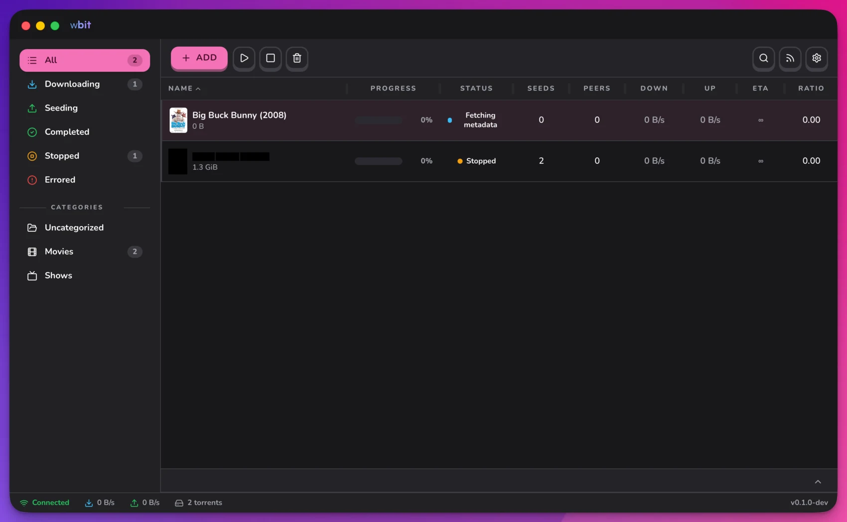 wbit — a torrent list with per-torrent progress, speeds, and peers in a native window
